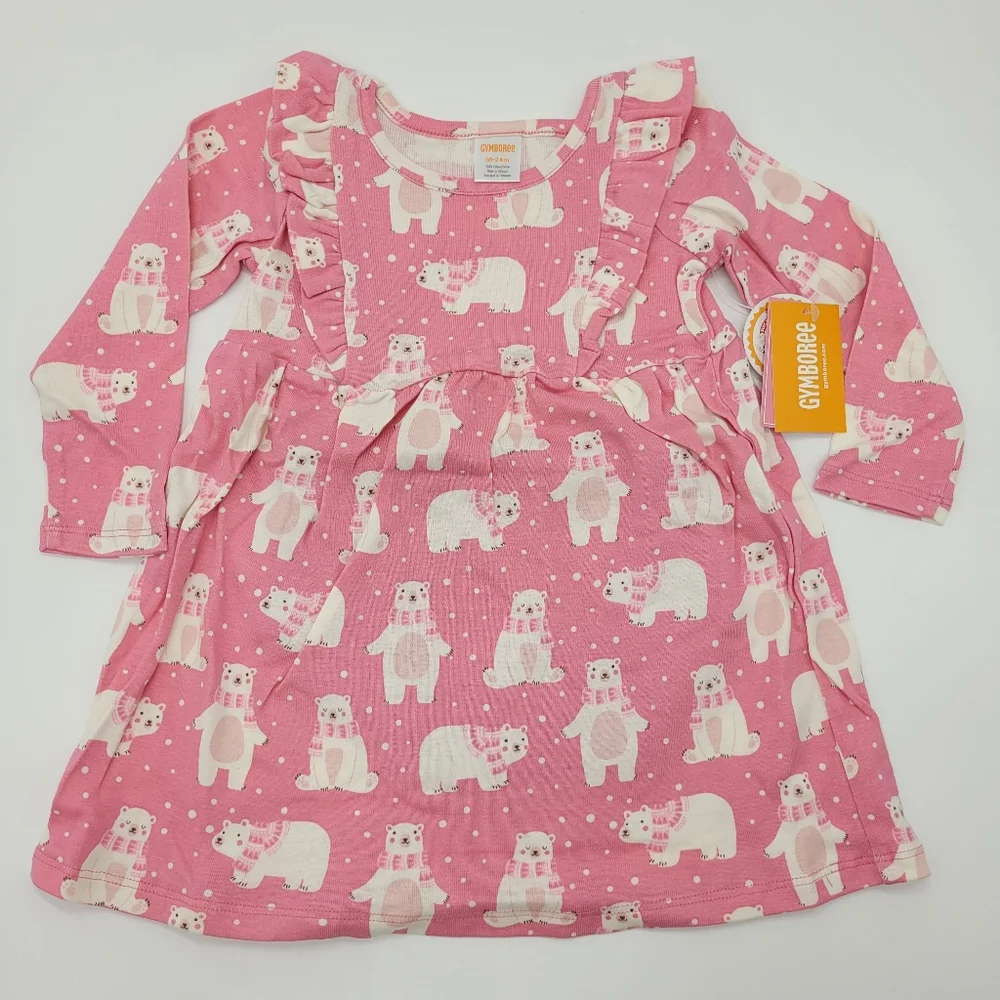 Gymboree Dress Pink Bear Print Long Sleeve Ruffle Stretch Cotton Sz 18-24mo NEW